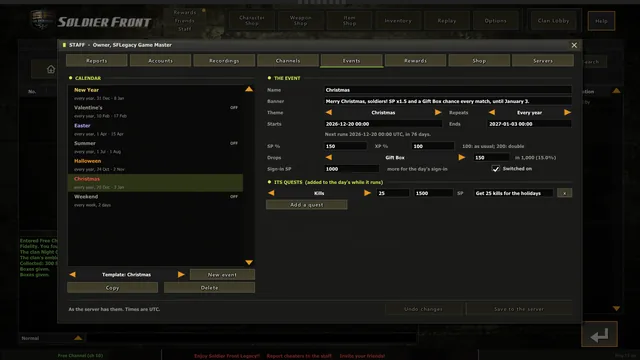 The staff panel's Events, kept by SFLegacy Staff: Christmas, its dates, bonuses and gift boxes