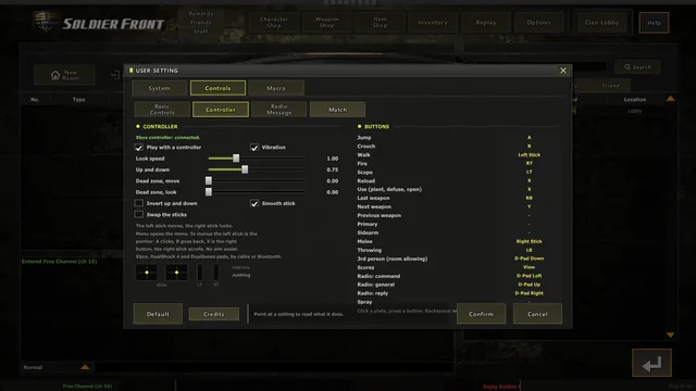 Options, Controls, Controller: the sticks, dead zones and vibration on the left, each action's button on the right