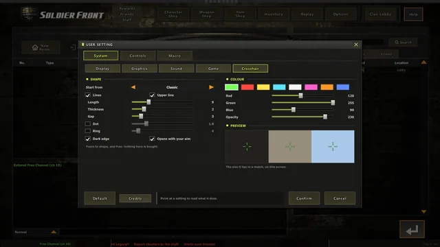 Options, System, Crosshair: your own, from a shape, its lines, a dot, a ring and a colour, with a preview