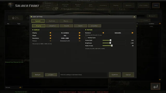 Options, System, Display: a window or the whole screen, the shape, the resolution, the renderer, the frame limit
