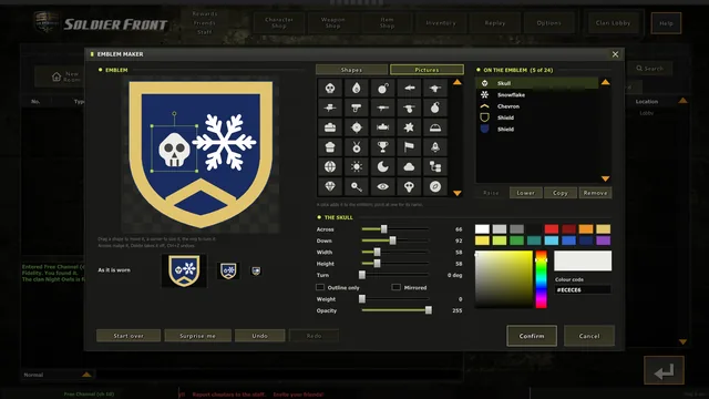 A finished emblem: a skull over a snowflake on a shield