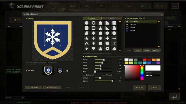The emblem maker: a clan's emblem built from shapes and pictures, shown at 64, 32 and 16 pixels
