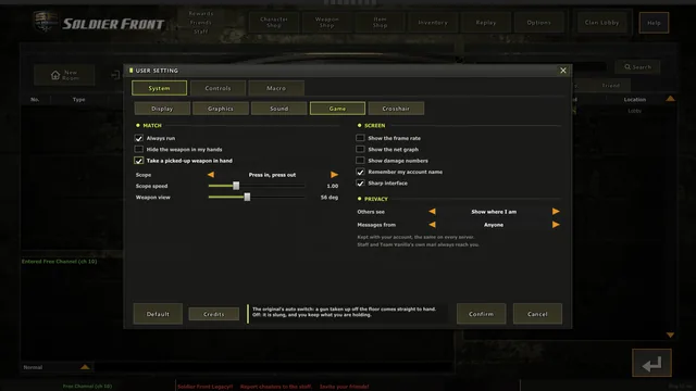 Options, System, Game: running, the scope, the weapon view, the frame rate and the net graph