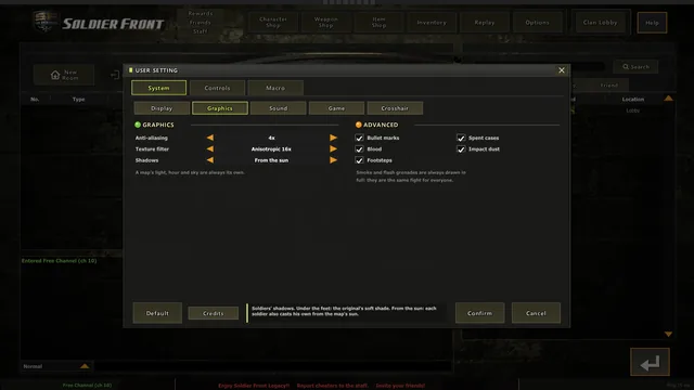 Options, System, Graphics: anti-aliasing, filtering, soldiers' shadows, and the effects that are yours to turn off