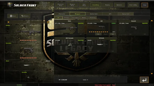 The inventory's weapons, each slot's gun and its days left