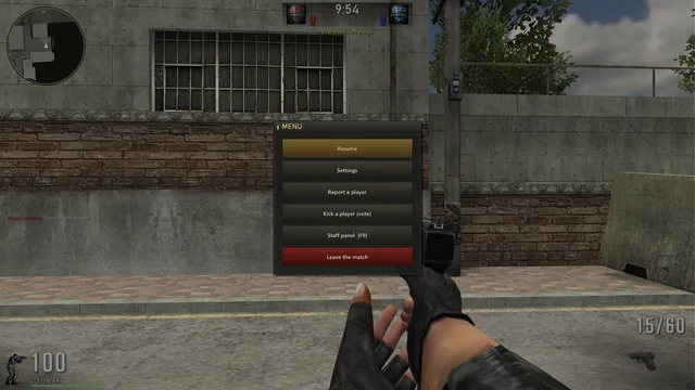 The match menu: resume, settings, report a player, a vote to kick, the staff panel, leave