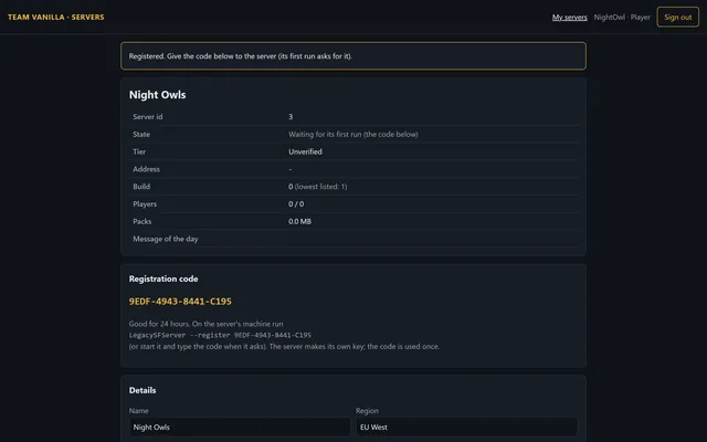 A server just registered: its id, and the code its first run takes, good for 24 hours