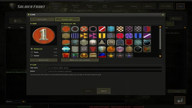 Founding a clan with Soldier Front's own mark builder: 48 backgrounds, 32 frames and 78 symbols