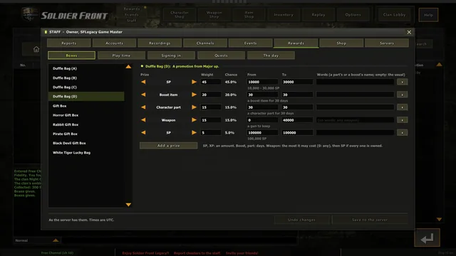 The staff panel's Rewards, kept by SFLegacy Staff: each box's contents and odds