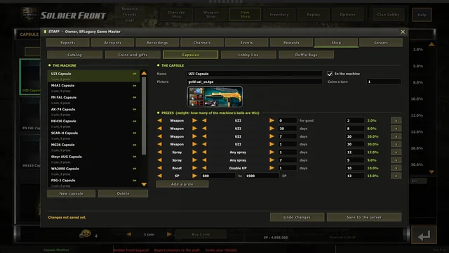 The staff panel's Shop: a capsule's prizes and their weights
