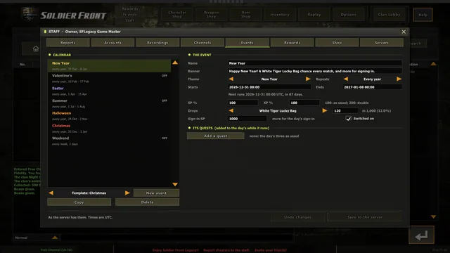 The staff panel's Events, kept by SFLegacy Staff: the calendar, each event with its bonuses, quests and banner