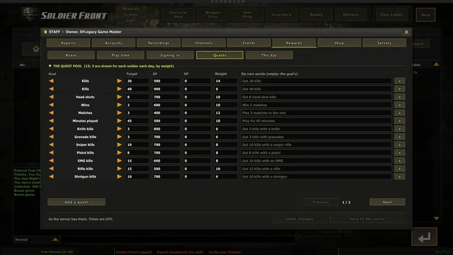 The staff panel's Rewards, kept by SFLegacy Staff: the pool the day's quests are drawn from