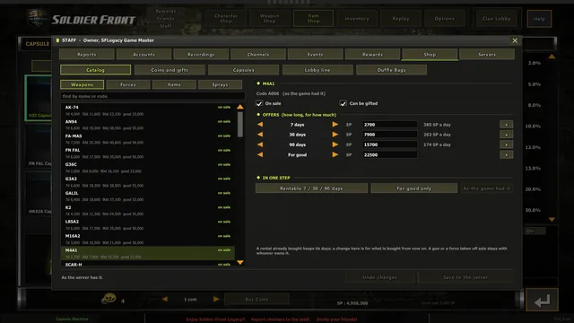 The staff panel's Shop: what the server sells, for how long and for how much