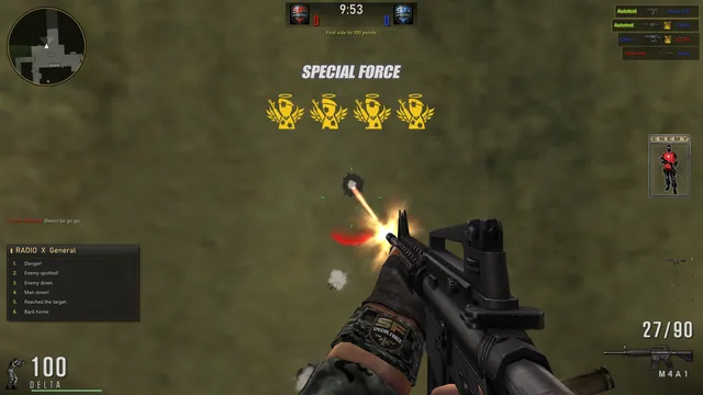 Desert Camp: firing beside the helicopter, with the four-kill streak's Special Force mark and the kill feed